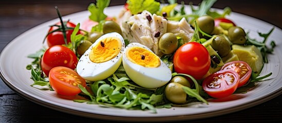 Aufkleber - Vibrant salad featuring halved boiled eggs, cherry tomatoes, olives, and fresh greens arranged on a rustic wooden table background.