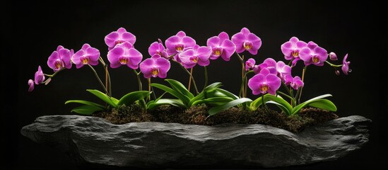 Fototapete - Elegant pink orchids with vibrant blooms arranged on a dark stone base showcasing lush green leaves against a black background for a striking display.