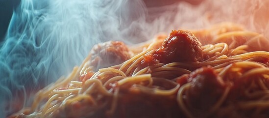 Aufkleber - Steaming spaghetti pasta with meatballs and rich tomato sauce in warm tones, focusing on the dish's texture and aroma in the foreground.