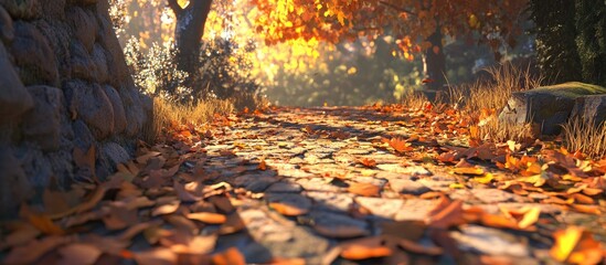 Leinwandbilder - Golden brown autumn leaves cover a sunlit stone path with soft shadows, creating a warm inviting atmosphere in a tranquil outdoor setting.