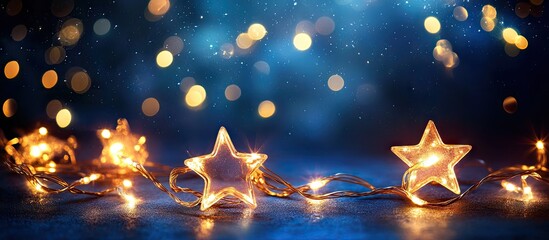 Leinwandbilder - Glowing star-shaped lights arranged on a deep blue backdrop creating a magical atmosphere reminiscent of a starry night with twinkling bokeh effects.