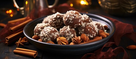 Poster - Vegan dessert plate with cocoa almond balls rolled in sesame and coconut, surrounded by spices and nuts, dark background with warm lighting