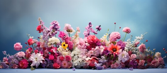 Aufkleber - Vibrant floral arrangement featuring pink, purple, and white flowers on a soft blue background creating an enchanting colorful display with copy space.