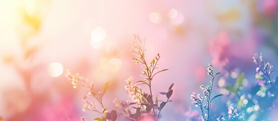 Aufkleber - Soft pastel bokeh with sunlight filtering through lush green and pink wildflowers in a dreamy summer sky scene highlighting vibrant colors.