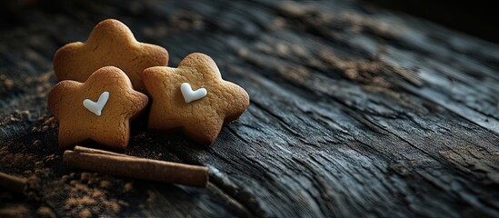 Poster - Freshly baked star-shaped cookies adorned with white hearts on a rustic wooden background, featuring a cinnamon stick beside them, warm tones.