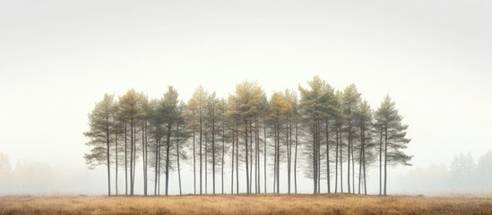 Poster - Lush green tall trees arranged in a row against a soft gray white background with a hint of warm autumn colors at the base on a misty day