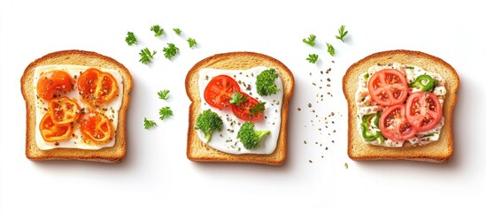 Poster - Top view of three slices of toast with various toppings including tomatoes, herbs, and cream cheese on a clean white background