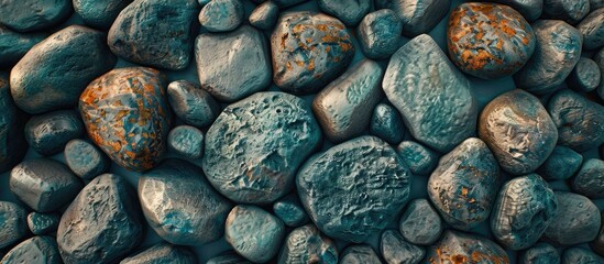 Leinwandbilder - Smooth, rounded pebbles in shades of blue and gray fill the background, with natural stone patterns creating ample copy space for text.