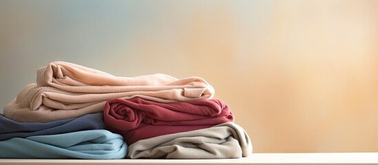 Poster - Elegant arrangement of soft pastel blankets folded on a table against a warm light gradient background with ample copy space on the right