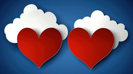 Poster - Two Red Paper Hearts Under White Clouds on Blue Background