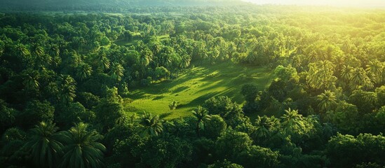 Aufkleber - Lush green aerial view of dense tropical forest under warm sunlight with shadows creating patterns on the ground showcasing nature's tranquility.