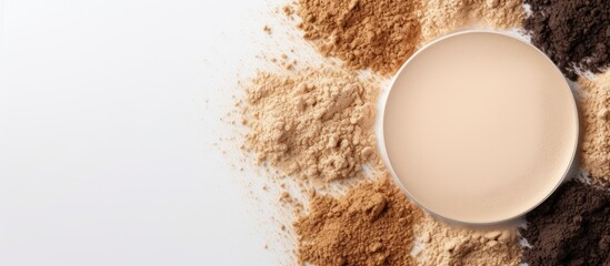 Leinwandbilder - Neutral colored powders in various shades surrounding a round beige bowl filled with light liquid, set against a clean white background.