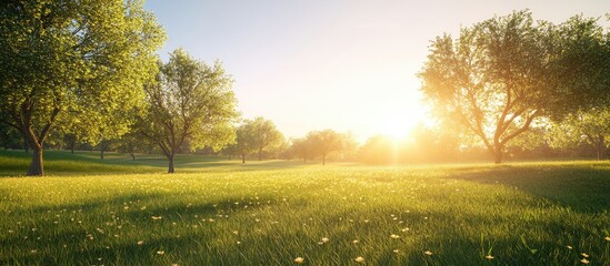 Aufkleber - Serene landscape with lush green grass and blooming trees illuminated by warm golden sunlight at sunrise in a peaceful natural setting.