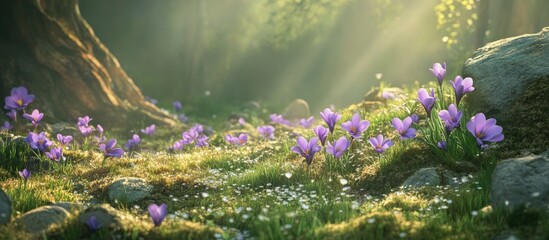 Aufkleber - Sunlit forest floor adorned with vibrant purple flowers and green grass, dappled light filtering through trees creating a serene atmosphere.