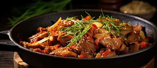 Poster - Sizzling stir-fried pork served in a black skillet with vibrant cabbage, kimchi, and green herbs against a dark wooden background.