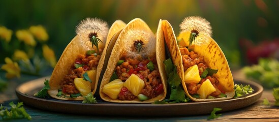 Aufkleber - Colorful tacos filled with pineapple and topped with dandelion flowers, arranged on a dark plate with vibrant greenery and soft sunlight background.
