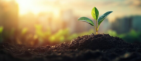 Aufkleber - Freshly prepared dark brown soil with a small green sprout in the foreground against a vibrant sunset background with blurred cityscape.