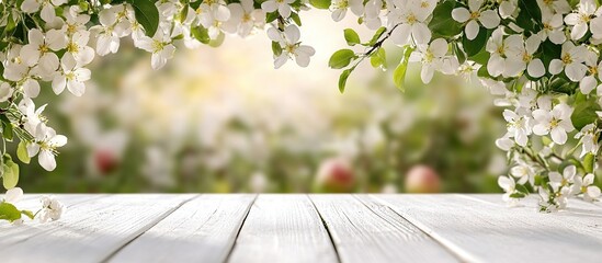 Poster - Spring background featuring delicate white blossoms framing a white wooden table with blurred apple garden in the soft-focus background.