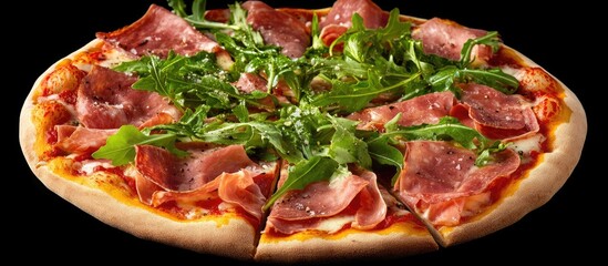 Poster - Delicious pizza topped with prosciutto and fresh arugula arranged on a wooden board against a dark background with ample copy space for advertising.