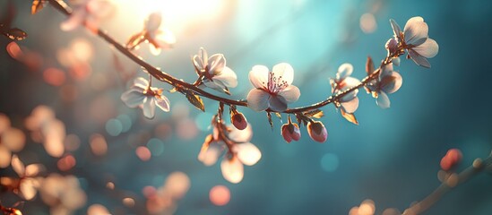 Leinwandbilder - Delicate pink cherry blossom branches with soft bokeh background in hues of blue and gold, capturing the essence of springtime serenity.