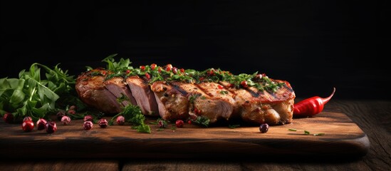 Poster - Grilled pork roast garnished with fresh parsley and vibrant red chili peppers on a rustic wooden cutting board against a dark background.