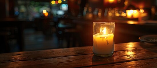 Poster - Candle glowing softly on a wooden table in a dimly lit space with blurred warm lights in the background creating a serene ambiance
