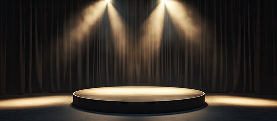 Poster - Spotlit podium on a dark stage with black curtains and warm lighting creating a dramatic focus in an empty performance space