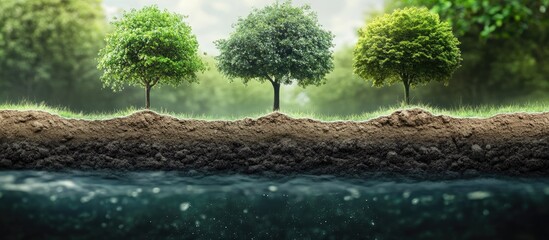 Poster - Tranquil landscape with three vibrant green trees on grassy soil above serene blue water reflecting sunlight in a lush natural setting