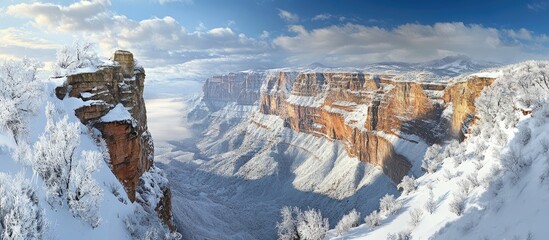 Aufkleber - Snow-covered mountain cliffs in orange and white dominate the skyline with a vast snowy landscape under a bright blue sky and soft clouds.