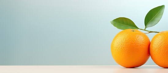 Poster - Fresh tangerines with green leaves positioned on a light wood surface against a soft blue background creating ample copy space on the right