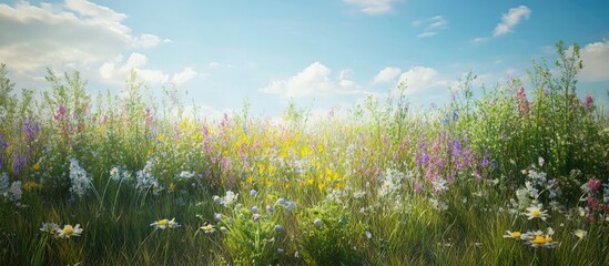 Poster - Vibrant summer meadow filled with colorful wildflowers in various shades of purple, yellow, and white under a clear blue sky with soft clouds.