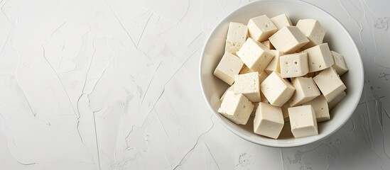Aufkleber - Fresh white tofu cubes arranged in a shallow white bowl on a light textured background with ample negative space for text placement.