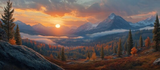 Poster - Vibrant sunset over rocky mountains with high peaks, foggy valley, and autumn spruce forest, featuring colorful evening sky and warm hues.