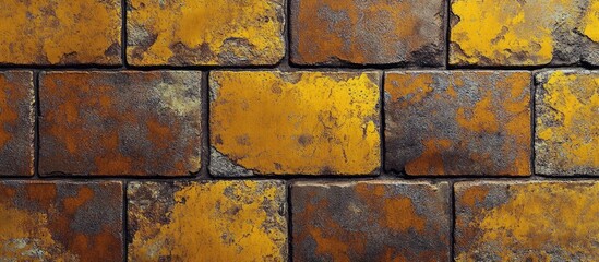 Poster - Textured orange and gray rustic brick wall with weathered surface featuring uneven tiles arranged in a horizontal pattern creating a vintage look.