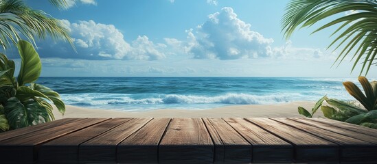 Aufkleber - Tropical beach scene featuring gentle waves, lush palm leaves, and a bright blue sky with fluffy clouds, complemented by a rustic empty wooden table.