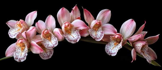 Aufkleber - Elegant pink and white orchids in a curved arrangement on a solid black background showcasing vivid blooms and intricate petal details.
