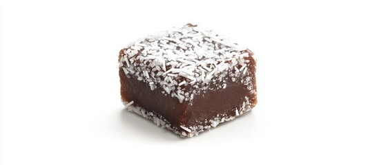 Aufkleber - Delicious chocolate lamington on a white background highlighting its moist texture and coated with coconut flakes for a tempting dessert appeal