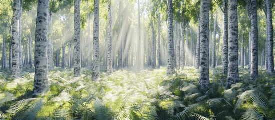 Fototapete - Sunlight streams through a vibrant beech forest illuminating lush ferns on the ground with soft green hues and tall, slender tree trunks.