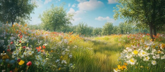 Aufkleber - Vibrant summer meadow filled with colorful wildflowers in foreground under bright blue sky with soft white clouds and lush green trees in background