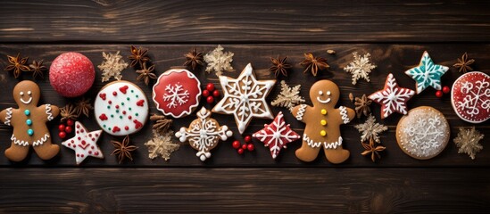 Poster - Festive holiday cookies arranged on a rustic wooden table with gingerbread men red and white ornaments in a vibrant seasonal display