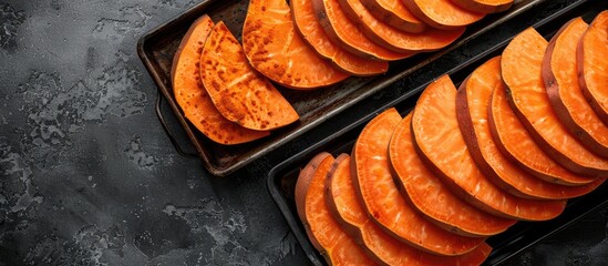 Poster - Vibrant orange sweet potato slices neatly arranged on black trays against a dark textured background with ample empty space for text.