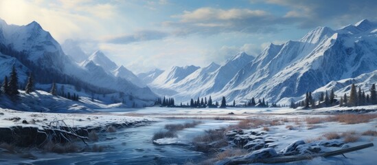Aufkleber - Winter landscape showcasing a snow-covered valley with blue mountains in the background, green trees on the sides, and a serene river in the foreground.