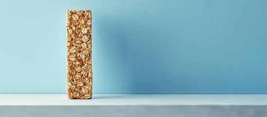 Poster - Granola bar standing upright on a white wooden table against a light blue backdrop with soft shadows creating a natural, appetizing look