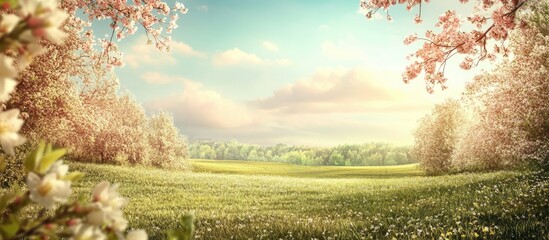 Aufkleber - Spring landscape with soft pastel colors featuring blooming trees in pink and white on the left, vibrant green meadow in the center under a blue sky.