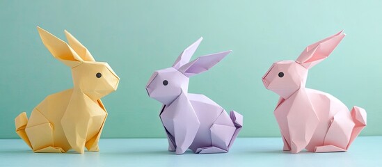 Poster - Colorful origami bunnies in pastel yellow, purple, and pink positioned on a light blue surface against a soft mint background showcasing playful creativity.