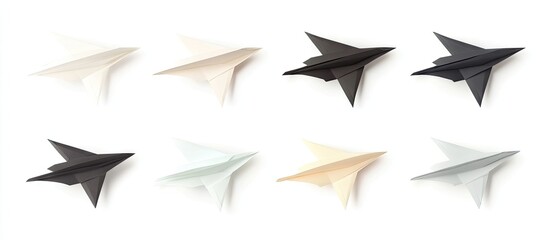 Poster - Colorful assortment of paper planes in black white and cream arranged in two rows on a bright white background showcasing creativity and design.