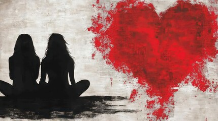 Poster - Two Women Silhouettes Seated Together Facing Away From Large Red Heart Abstract Paint Splatter Grunge Texture Background