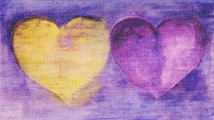 Aufkleber - Two Watercolor Hearts Yellow Purple Romantic Abstract Painting