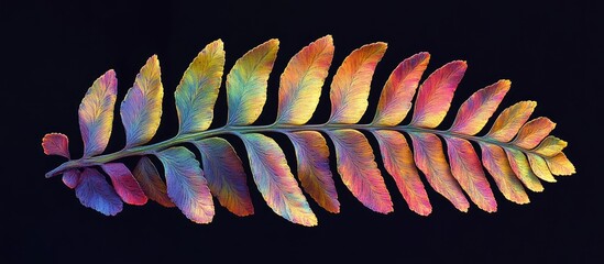 Leinwandbilder - Vibrant fern leaf of Phyllonorus Aemulsus in shades of green, yellow, pink, and purple against a black background, showcasing intricate textures and colors.