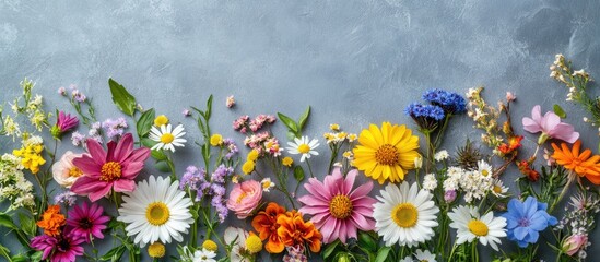 Aufkleber - Colorful arrangement of daisies, cosmos, and zinnias in shades of pink, yellow, white, and purple on a gray background, flat lay top view.